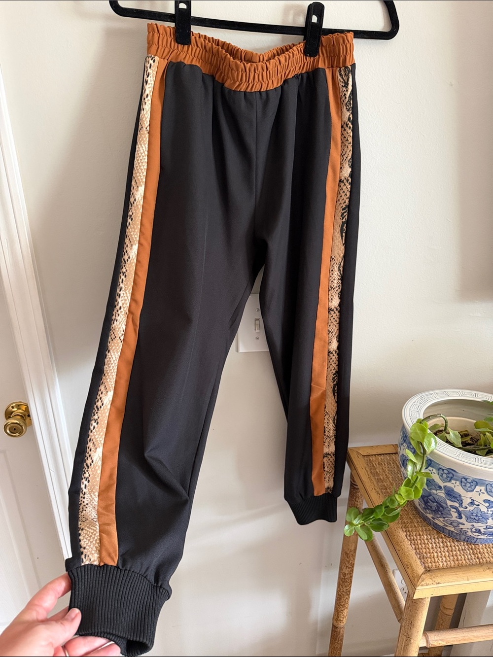 Black Jogger Pants with Rust & Snake-Print Side Stripes